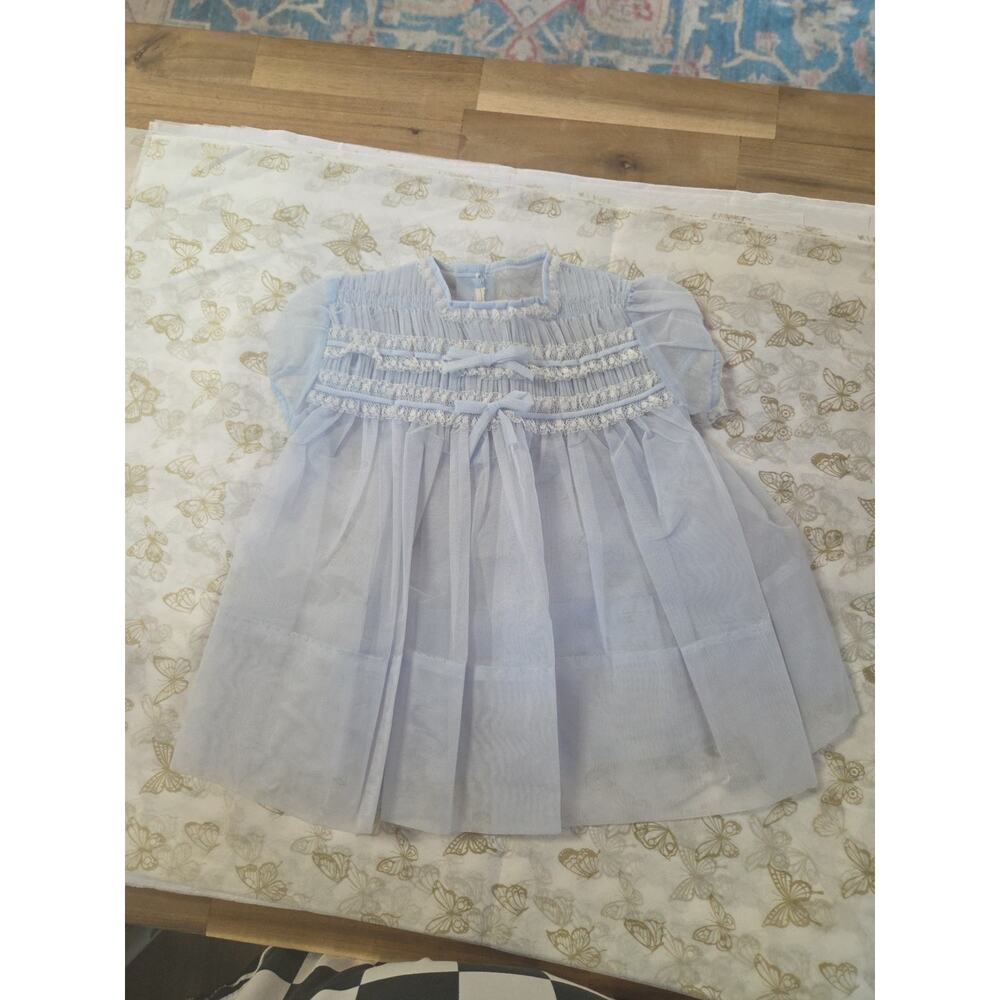 Vintage 1950’s Handmade Smocked Pastel Blue Baby Girl Size 6 -9 MOS Sheer New